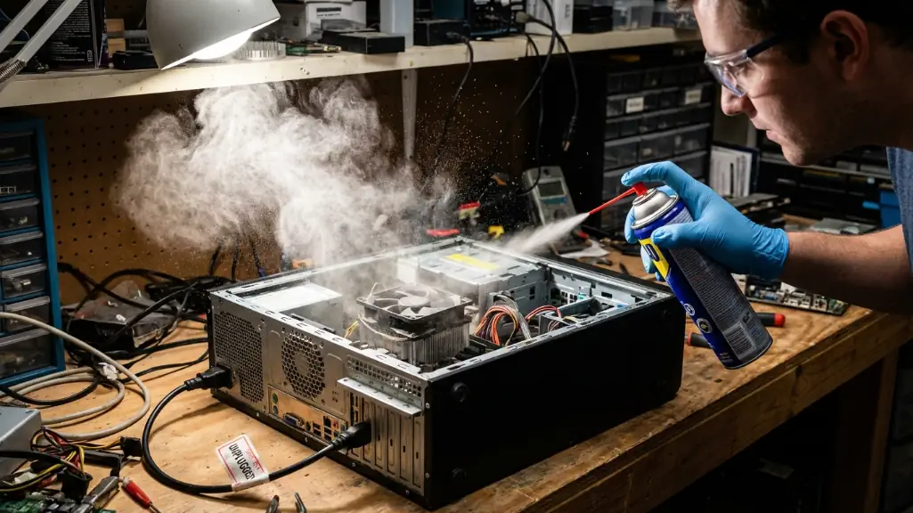 Hand using compressed air can to clean dust from CPU heatsink with visible dust particles being blown out of computer case