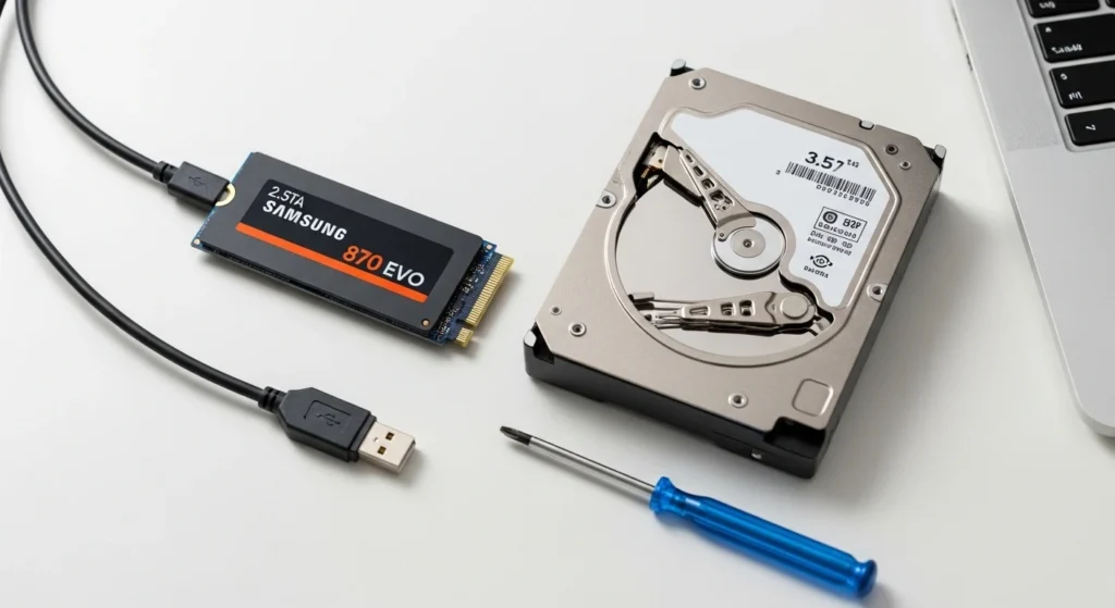 HDD next to SSD with cloning cable and tools on white desk for upgrade tutorial
