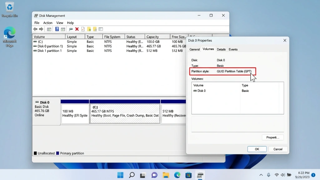 Windows Disk Management showing GPT partition style in disk properties dialog