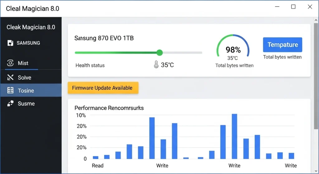 Samsung Magician software showing SSD health status and firmware update notification