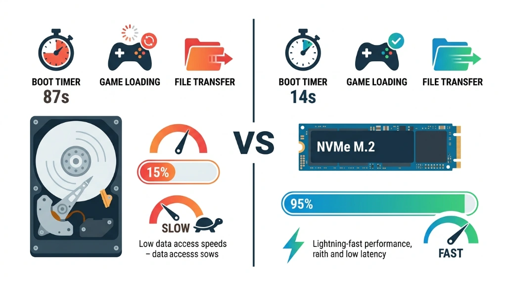 Side-by-side performance comparison showing HDD loading at 15% versus SSD at 95%