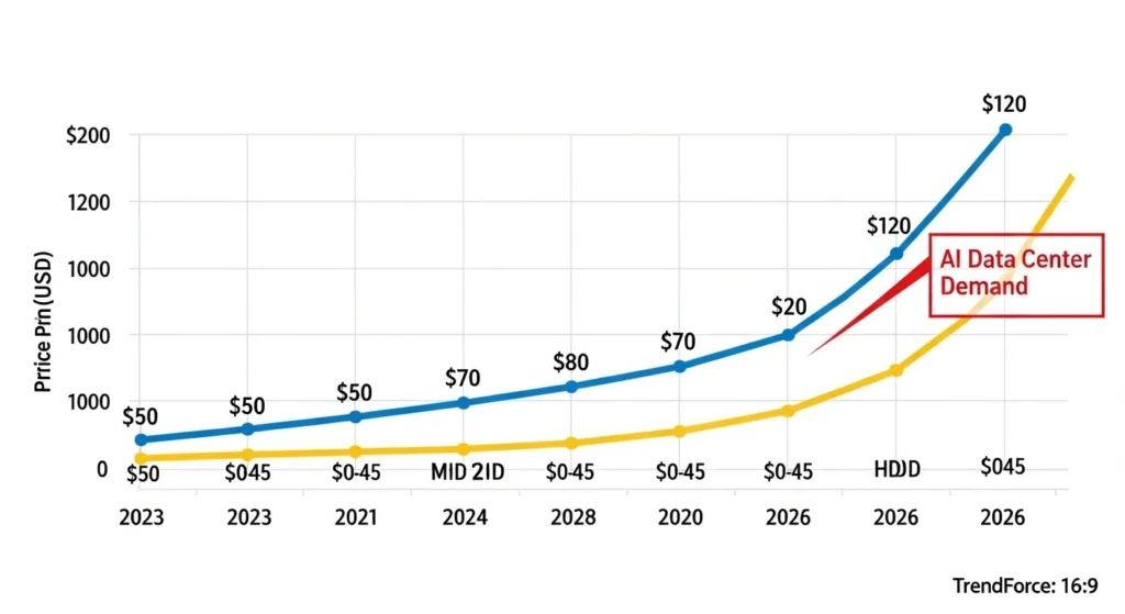 Line graph showing SSD prices rising from $50 in 2023 to $150 in 2026 due to AI demand