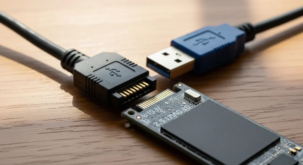 SATA-to-USB adapter cable connected to SSD showing connector detail for external cloning