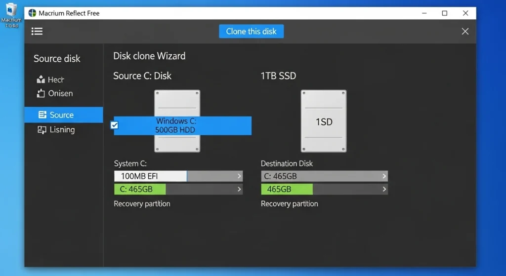 Macrium Reflect software interface showing source HDD and destination SSD selection for cloning
