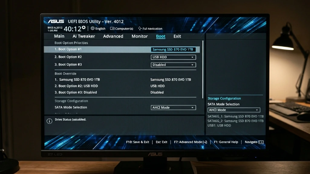 BIOS UEFI screen showing SSD as first boot device with AHCI mode enabled