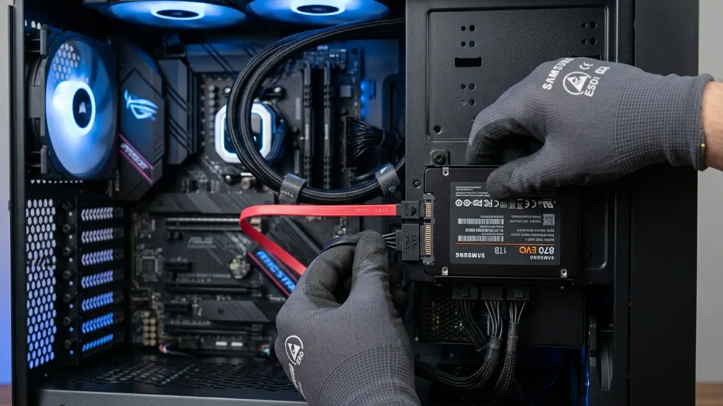 Hands installing SSD into desktop PC drive bay with SATA cables being connected
