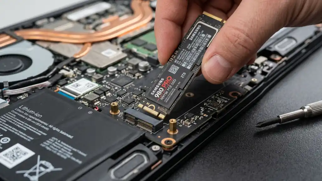 M.2 NVMe SSD being installed into laptop motherboard slot at correct angle