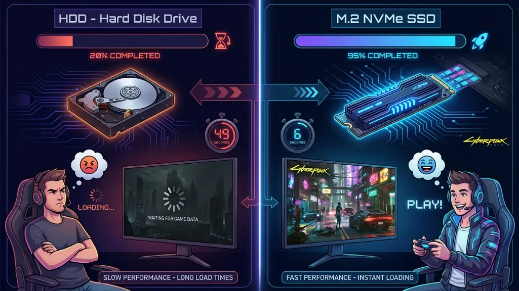 SSD vs HDD loading time comparison showing Cyberpunk 2077 loads 8x faster on NVMe SSD than traditional hard drive