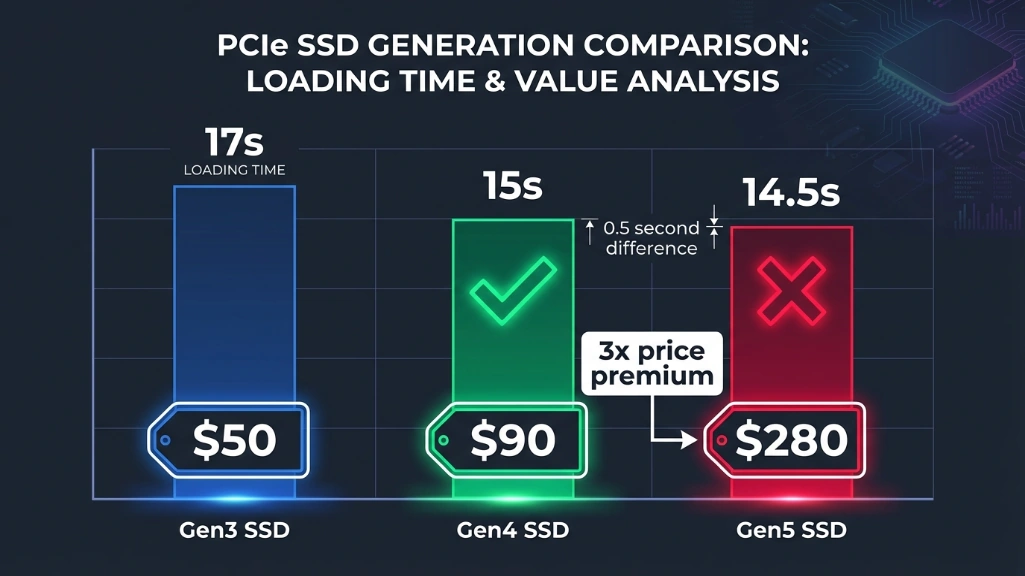 PCIe Gen4 vs Gen5 SSD gaming performance chart showing minimal 0.5 second difference despite 3x higher price for Gen5