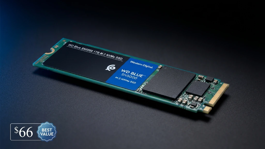 Western Digital Blue SN5000 1TB NVMe SSD product photo showing M.2 2280 form factor and WD branding
