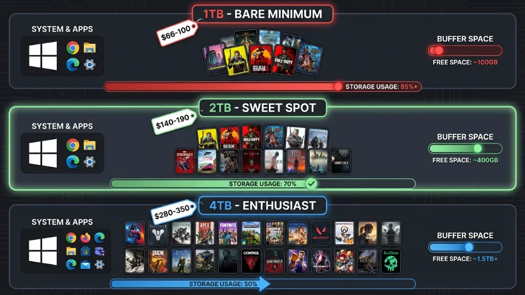 SSD capacity planning guide showing 1TB holds 5-8 games, 2TB holds 12-15 games, 4TB holds 25+ AAA games with pricing