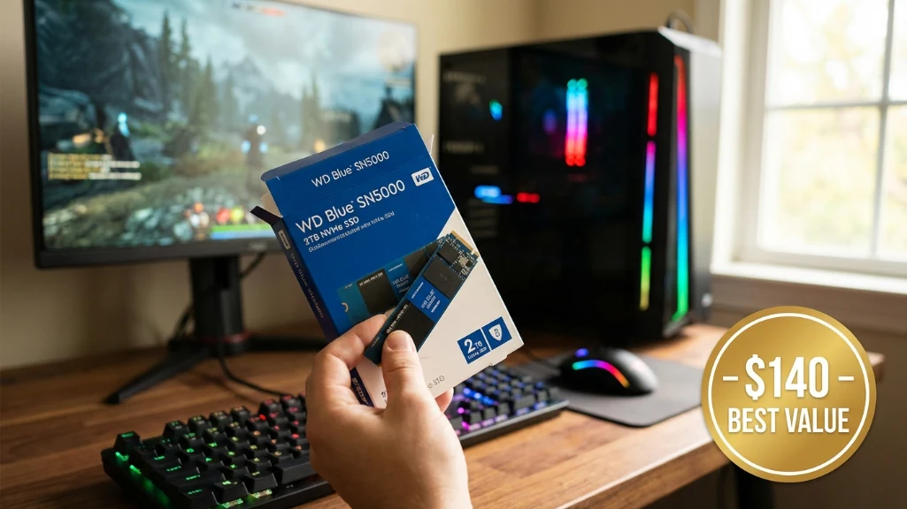 WD Blue SN5000 2TB gaming SSD held in hand with gaming PC setup in background showing real-world usage