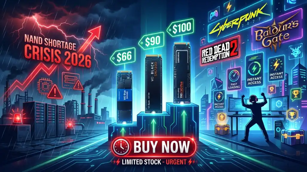 Budget gaming SSD guide 2026 showing WD Blue SN5000, WD Black SN7100, and Samsung 990 EVO Plus with NAND crisis context and gaming benefits