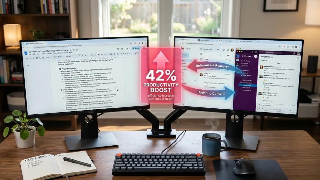 Dual monitor office setup showing productivity improvement with two displays