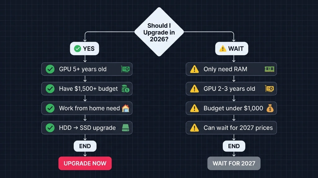 PC upgrade timing decision flowchart for 2026 vs waiting for 2027