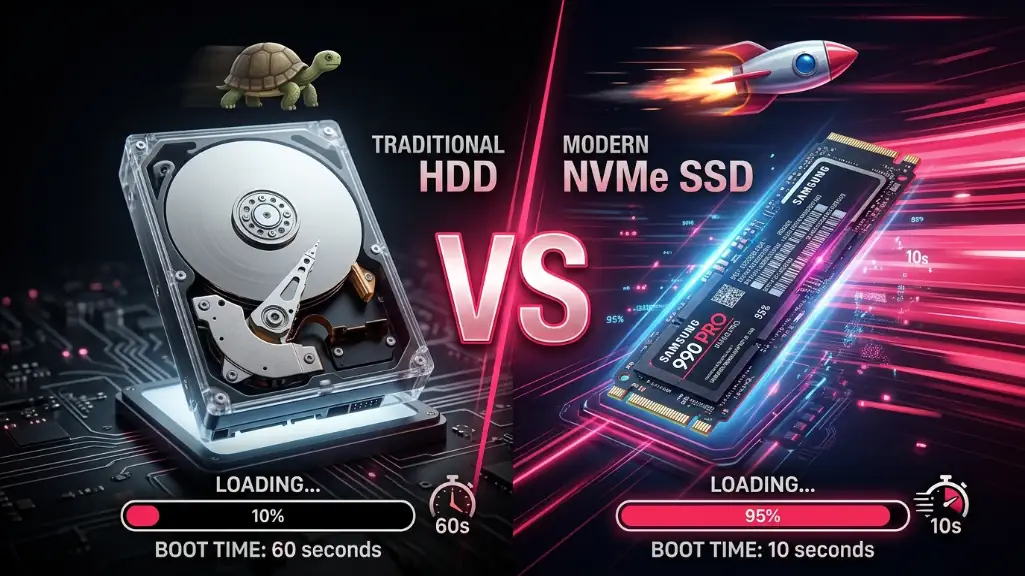 SSD vs HDD speed comparison showing boot time improvements for office PC upgrade
