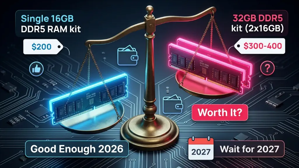 16GB vs 32GB RAM comparison showing pricing dilemma for gaming PC 2026