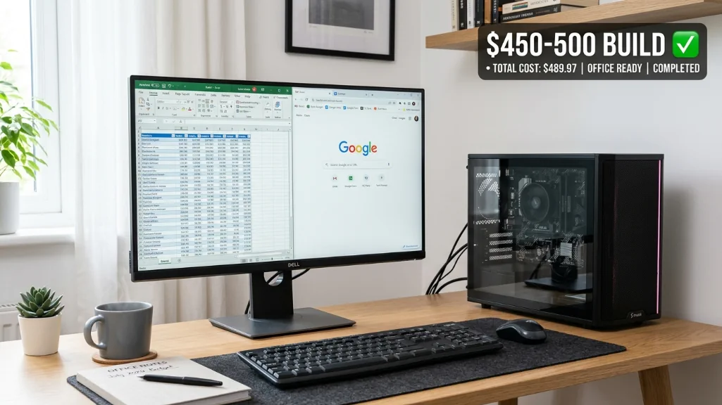 Completed $500 office PC build running productivity software on desk setup