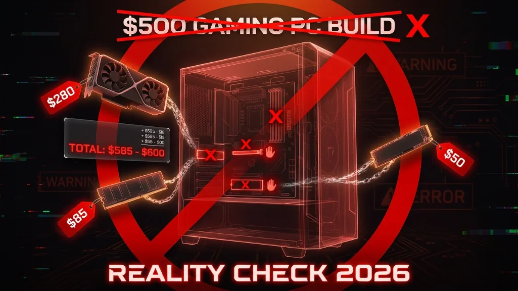 Visual showing why $500 gaming PC builds are not viable in 2026 market