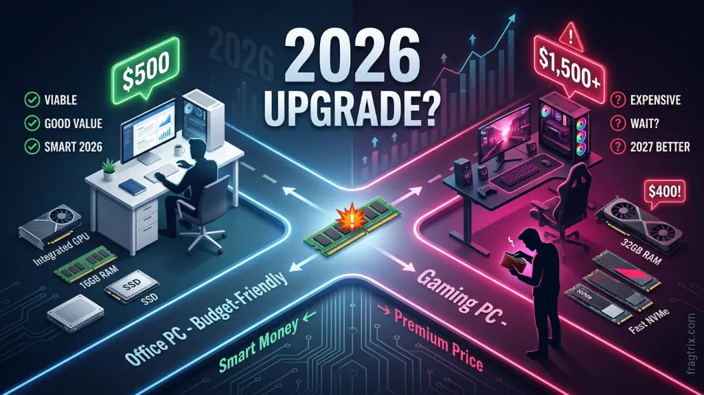 Office PC vs Gaming PC upgrade comparison showing budget-friendly $500 office build versus expensive $1,500 gaming PC in 2026 market
