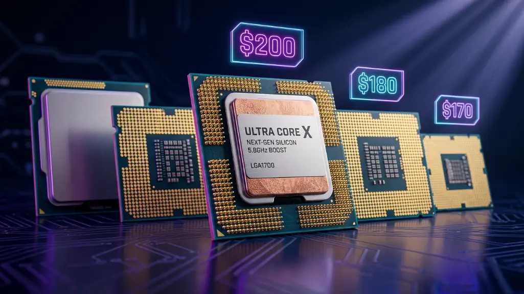Five modern gaming CPUs arranged dramatically with price tags under studio lighting for budget gaming PC builds
