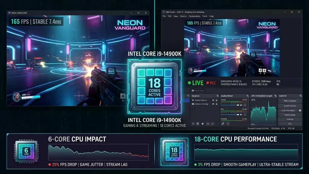 Multitasking visualization showing 18-core CPU handling gaming and streaming simultaneously with minimal performance impact