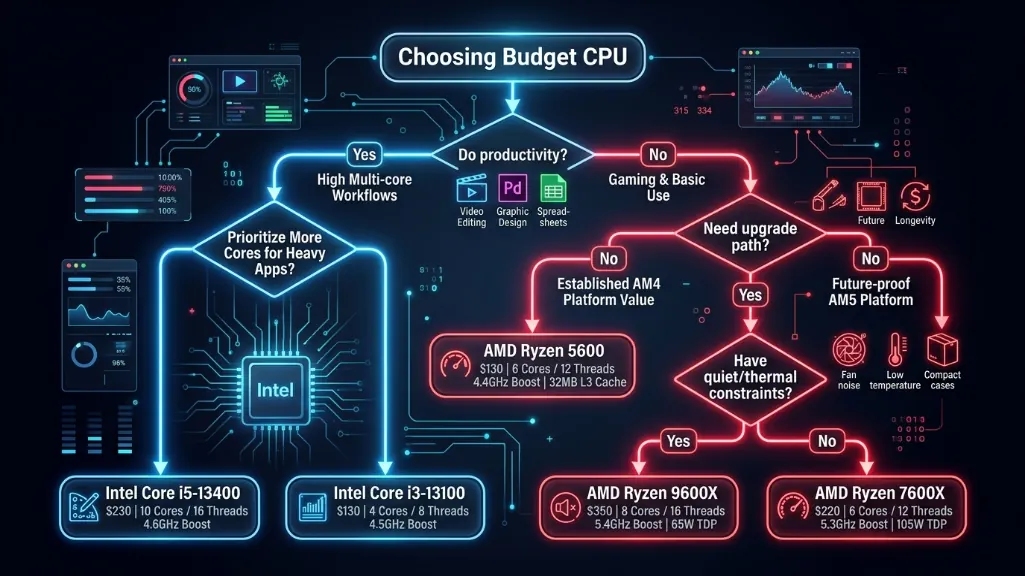 Decision tree flowchart helping budget builders choose the right CPU based on workload and constraints