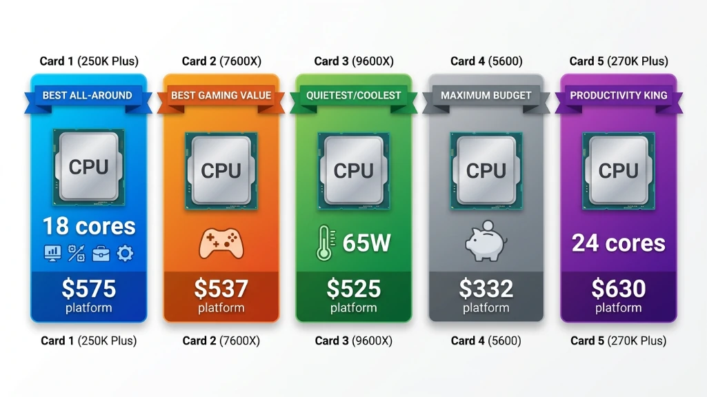 Five product cards summarizing value propositions and platform costs for each recommended budget gaming CPU