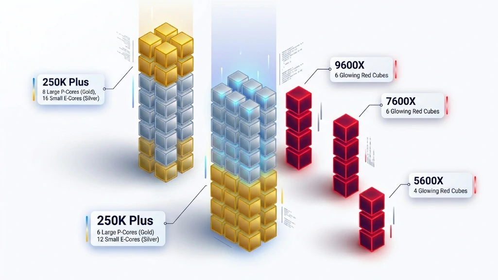 Isometric visualization comparing core counts across Intel and AMD budget gaming processors