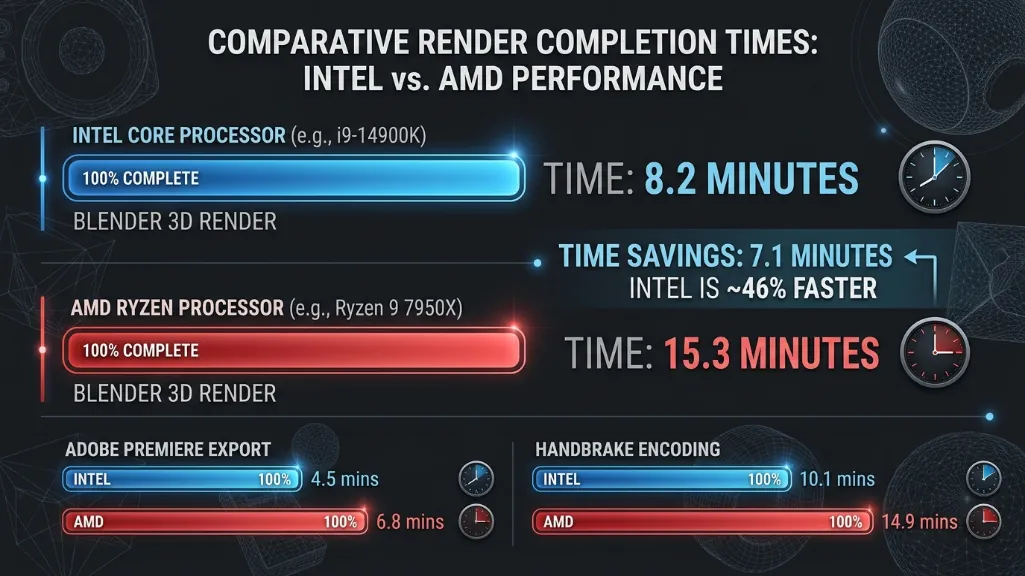 Timeline comparison showing Intel 250K Plus completing renders nearly twice as fast as AMD 6-core processors