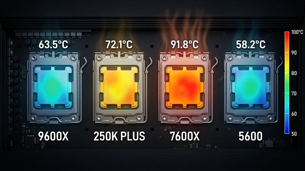 Thermal heat map comparison showing operating temperatures across four budget gaming CPUs under load
