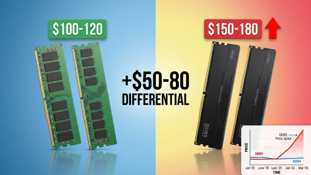 Price comparison between DDR4 and DDR5 memory showing $50-80 premium for 16GB kits in March 2026