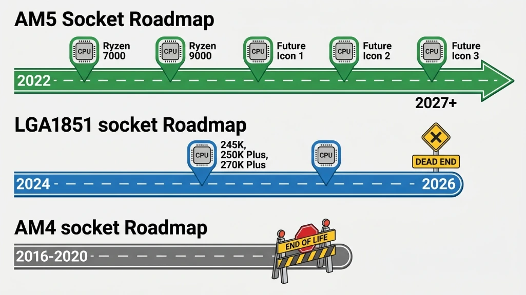 Upgrade path timeline comparison showing AM5 longevity through 2027+ versus LGA1851 limited support