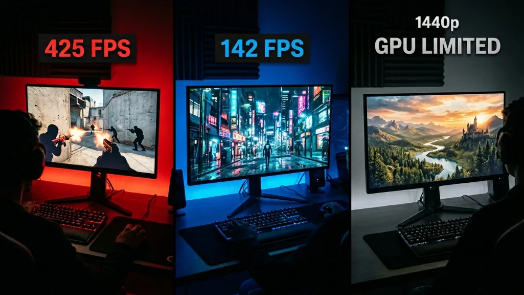Three gaming scenarios showing CPU performance impact across competitive esports, demanding AAA titles, and GPU-limited 1440p gaming