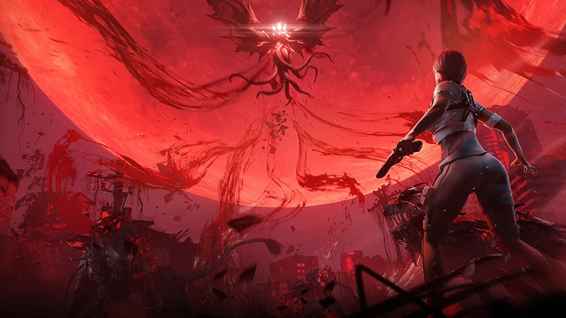 Once Human player confronting a massive stardust creature under a red corrupted sky