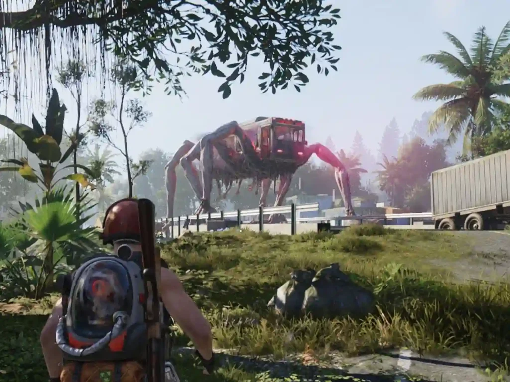 Player encountering a giant truck spider monster in the open world of Once Human