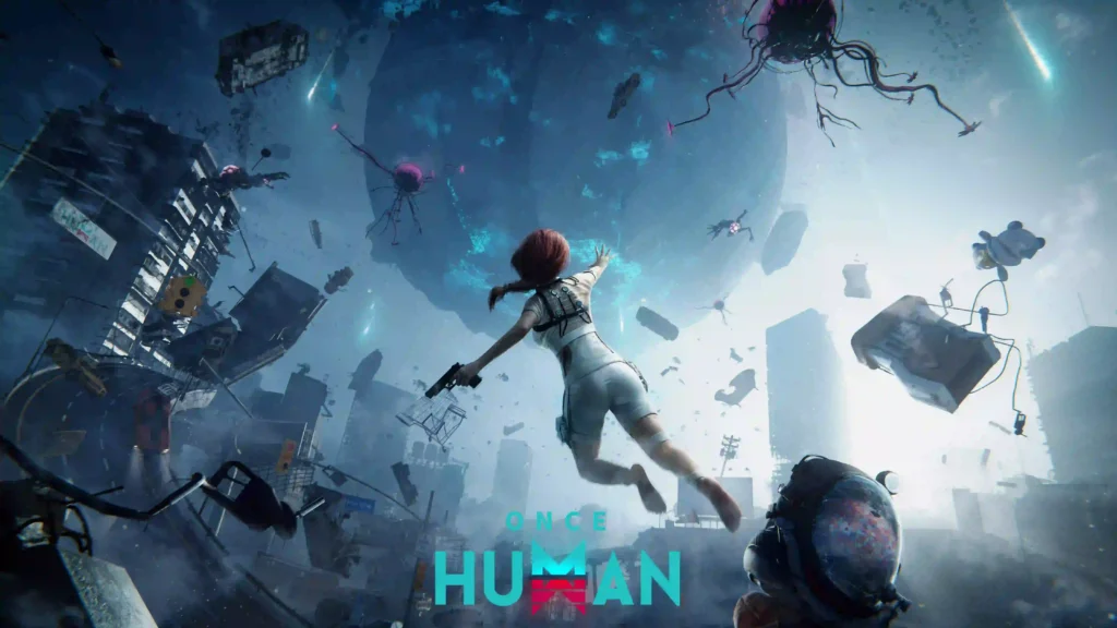 Meta human floating in a stardust corrupted world in Once Human