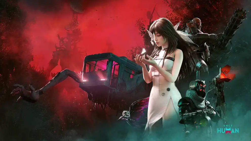 Once Human official artwork showing a Meta-Human character and mutated monsters in the Stardust infected world