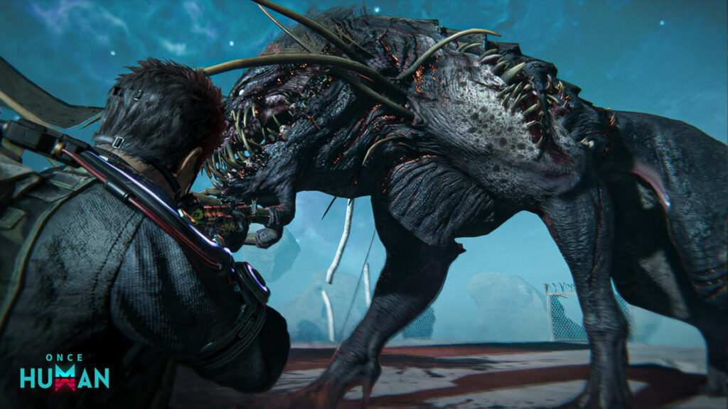 Player fighting a massive deviation monster in Once Human during a boss battle