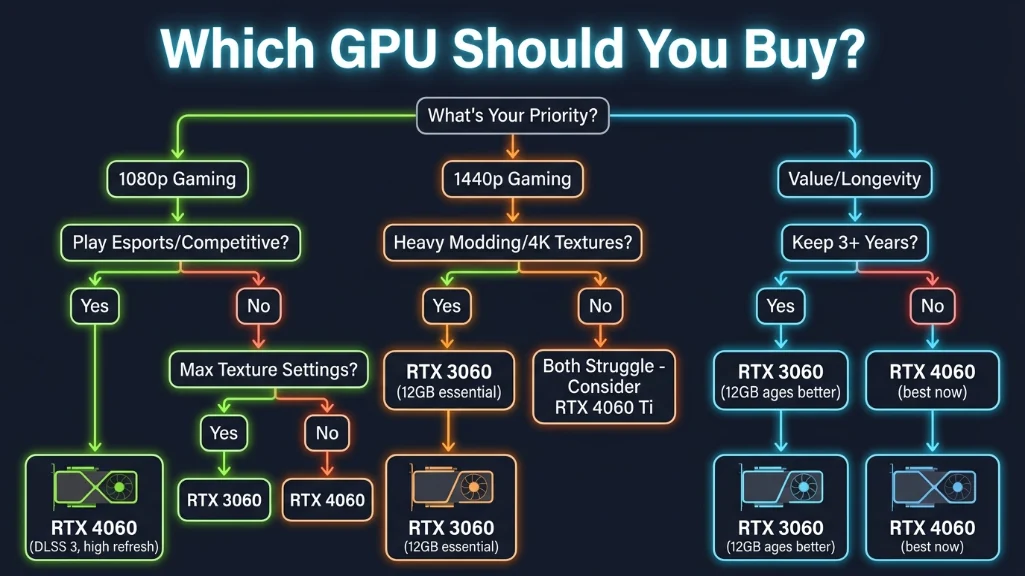 decision flowchart helping gamers choose between RTX 4060 and RTX 3060 based on gaming priorities, resolution targets, modding needs, and long-term value considerations