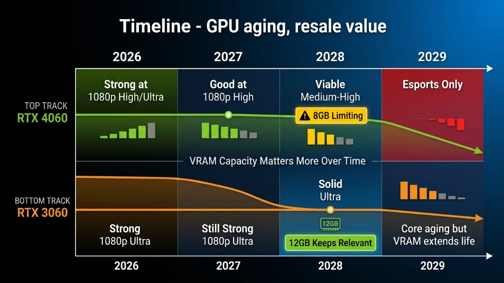 timeline showing how RTX 4060 and RTX 3060 will age from 2026 to 2029, illustrating that RTX 3060's 12GB VRAM provides better longevity despite RTX 4060's current performance lead