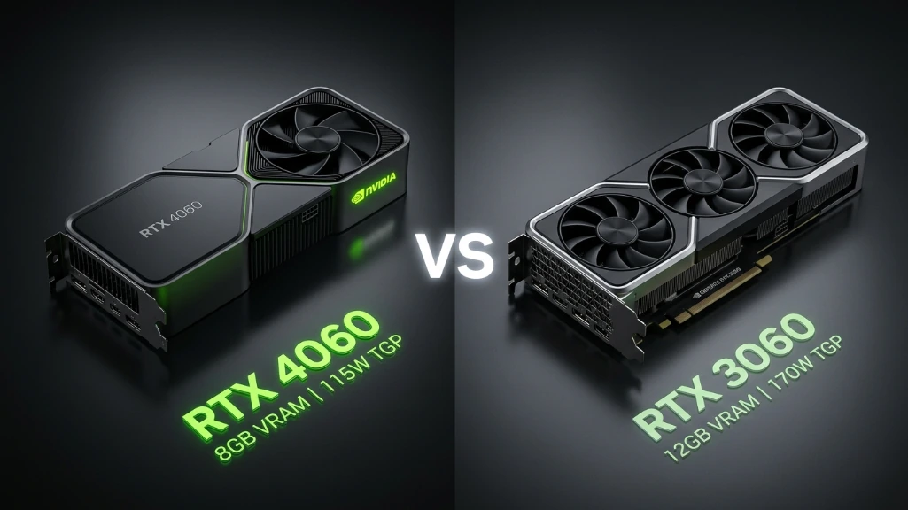 RTX 4060 and RTX 3060 graphics cards displayed side by side in split-screen comparison, showing design differences and key specifications including 8GB vs 12GB VRAM