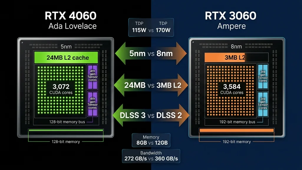 technical diagram comparing RTX 4060 Ada Lovelace architecture with 5nm process and 24MB L2 cache against RTX 3060 Ampere architecture with 8nm process and 3MB cache