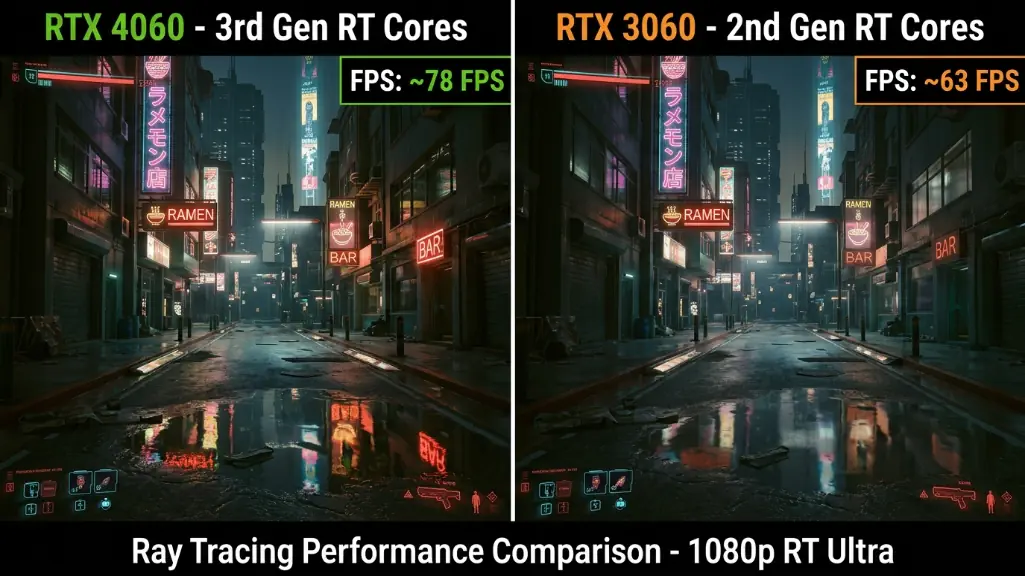 side-by-side comparison of RTX 4060 and RTX 3060 ray tracing performance in Cyberpunk 2077, showing 3rd gen RT cores delivering 20-30% better FPS with RT enabled
