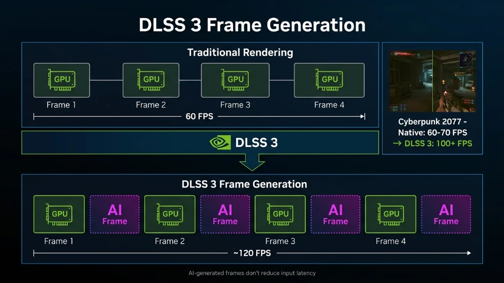 infographic explaining how DLSS 3 frame generation doubles FPS by AI-generating frames between traditionally rendered frames, exclusive to RTX 40-series cards like RTX 4060