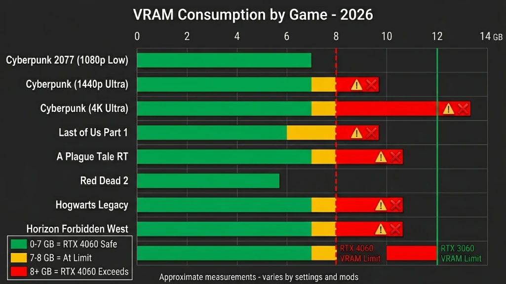bar chart showing VRAM consumption across 9 games, illustrating how modern titles often exceed RTX 4060's 8GB limit while staying within RTX 3060's 12GB capacity