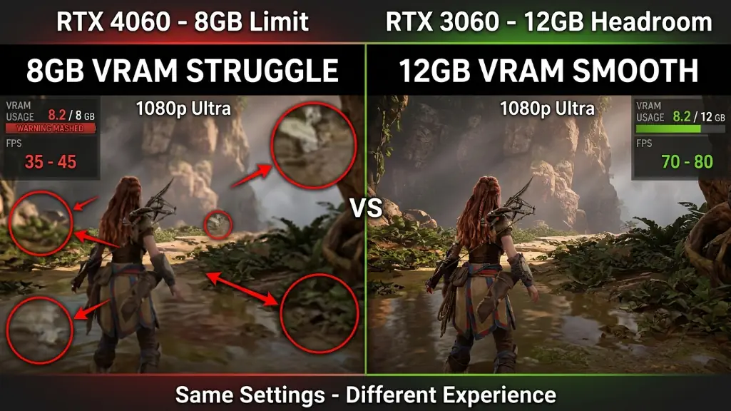 split-screen showing texture quality difference between 8GB VRAM limit causing pop-in and streaming issues versus 12GB VRAM handling ultra textures smoothly in modern games