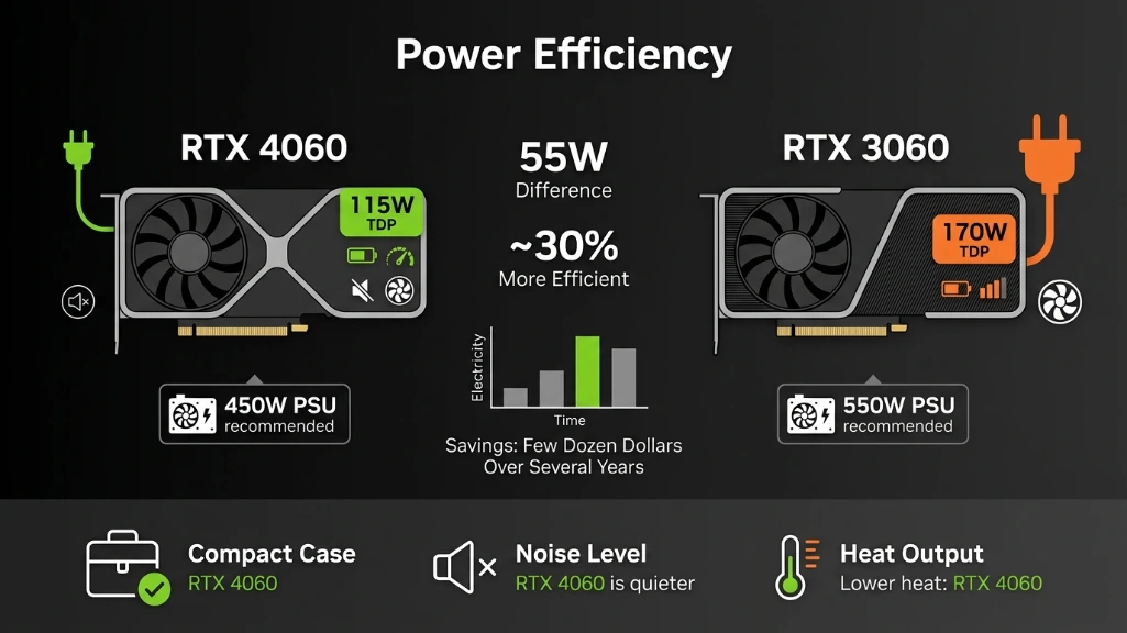 infographic comparing RTX 4060 115W TDP versus RTX 3060 170W TDP, showing power consumption difference, efficiency advantages, and practical benefits like lower heat and noise