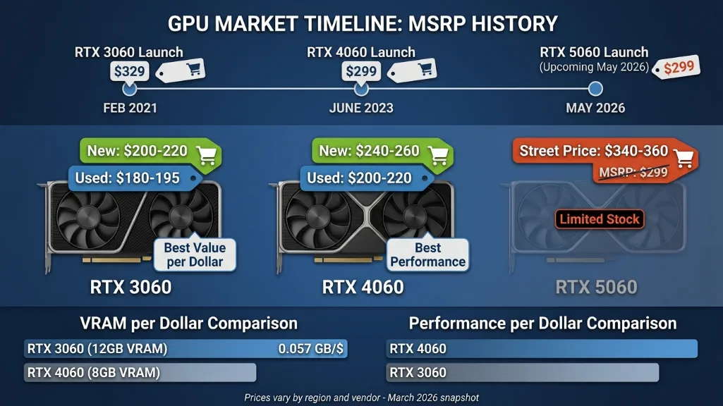 price comparison chart showing RTX 3060 at $200-220 new, RTX 4060 at $240-260 new, and RTX 5060 at $340-360 street price, with value per dollar analysis for March 2026