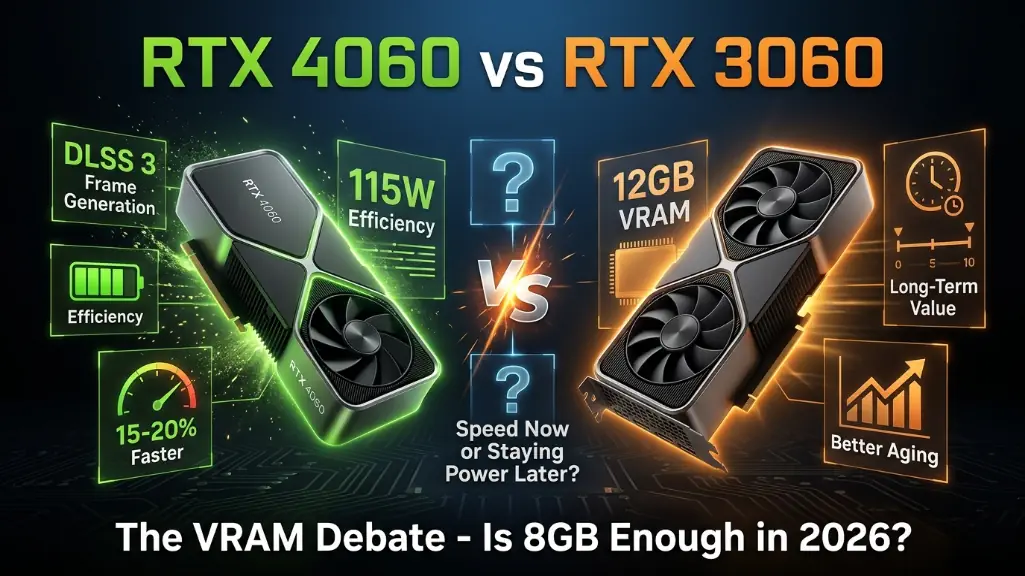 RTX 4060 and RTX 3060 graphics cards facing off with holographic overlays showing key differences - DLSS 3 and speed versus 12GB VRAM and longevity